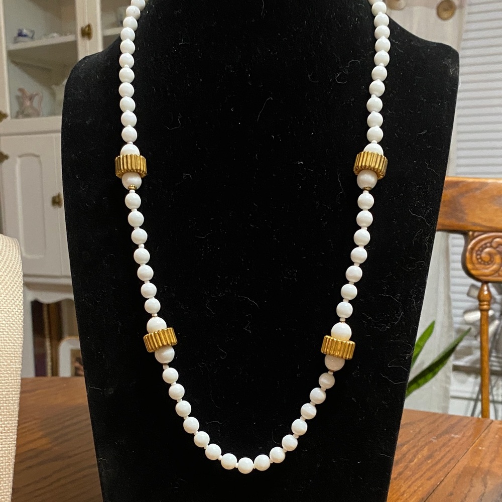 Miriam Haskell White Beaded Necklace with Gold Accent Spacers